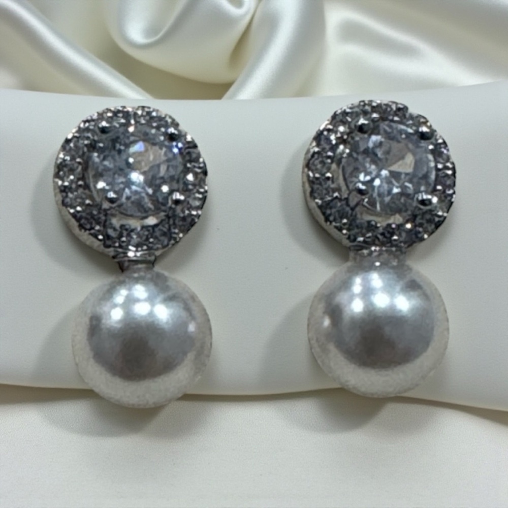 Silver Pearl Stud Earrings Pearl Drop Cubic Zirconia Formal Evening Jewelry